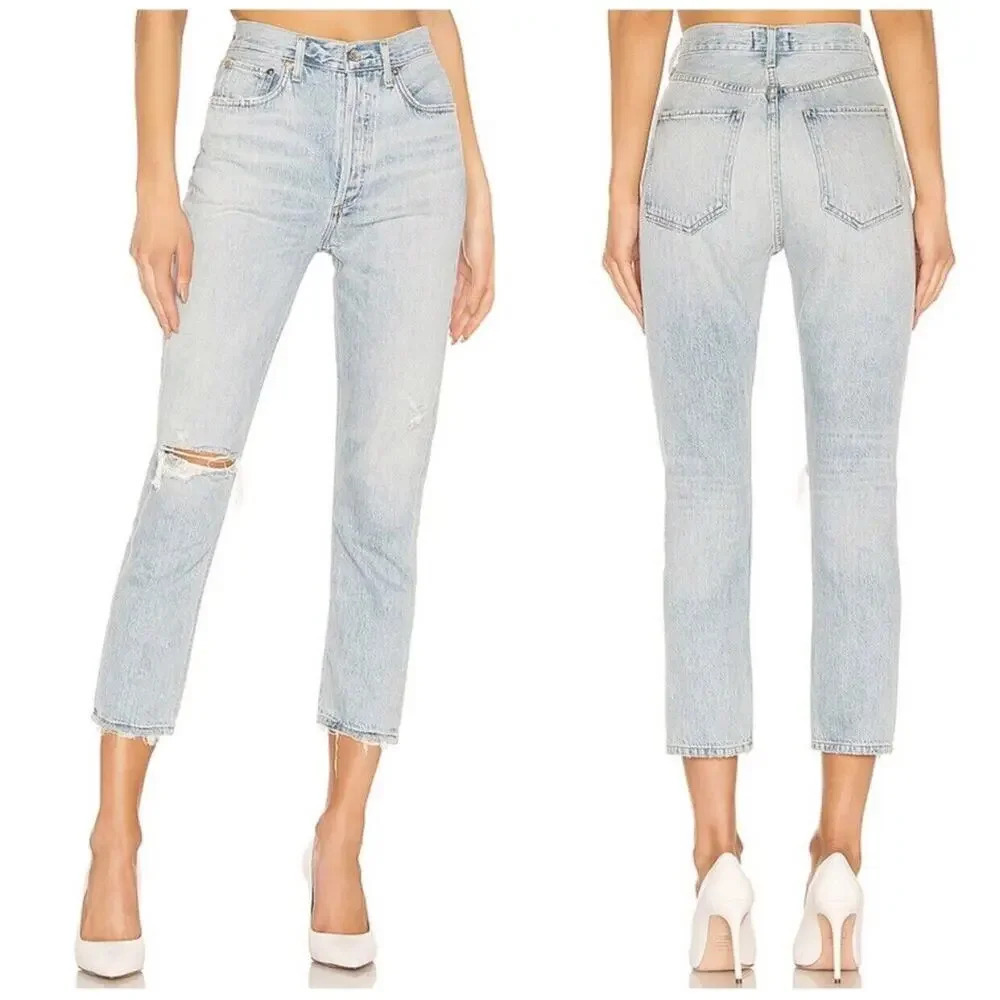 Agolde Riley High Rise Straight Crop Jeans Distressed Womens Size 27 In Shatter